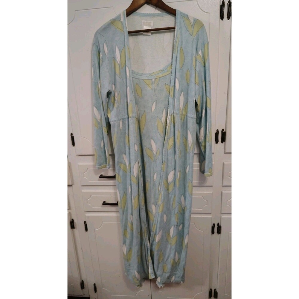Garnet Hill Cotton Nightgown And Robe Set  Blue Green Floral Sleep Dress Small